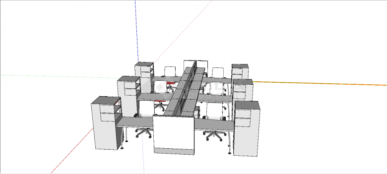 现代带书柜且桌底置放小柜子式六人办公桌椅su模型-图二