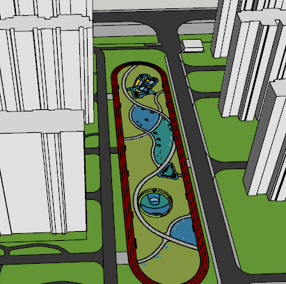 带水池带绿植线性带状公园su模型-图一