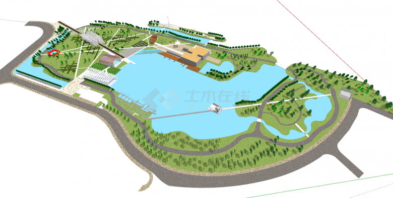 现代带湖的小镇规划su模型-图二