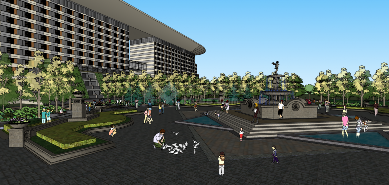 现代带喷池的园林广场公园 su模型-图一