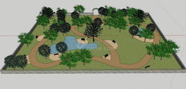 现代矩形带池塘的小游园su模型-图二