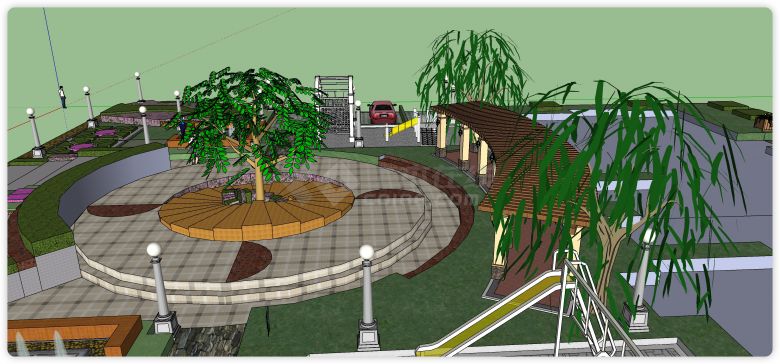 圆形广场景观葡萄架走廊公园景观建筑设计su模型-图二