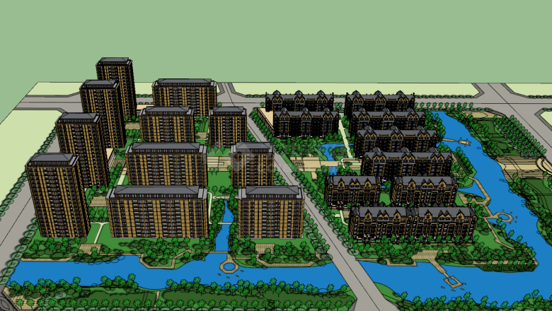现代带小湖的住宅小区su模型-图二