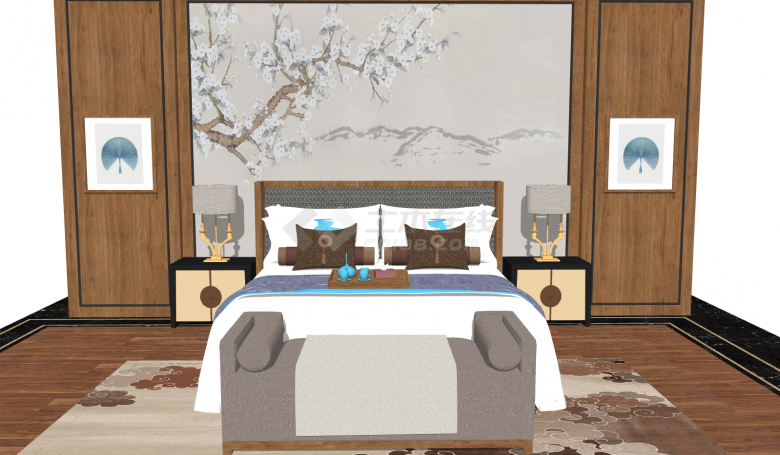 新中式双人床床头柜床尾凳组合su模型-图一