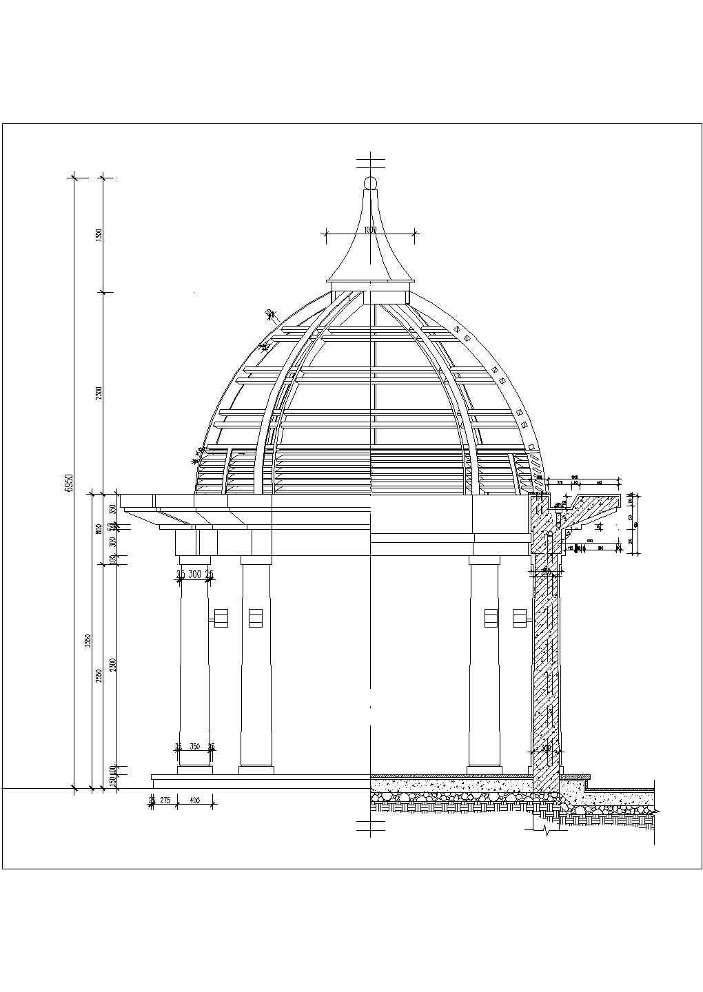 欧式八柱圆拱形铁艺尖顶景观亭子施工图纸