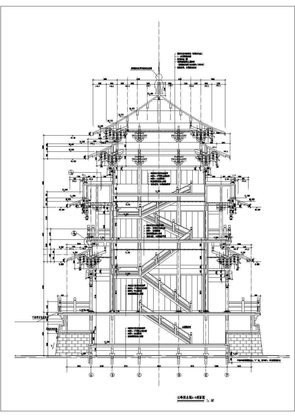 某地3层框架结构文昌塔建筑平立剖