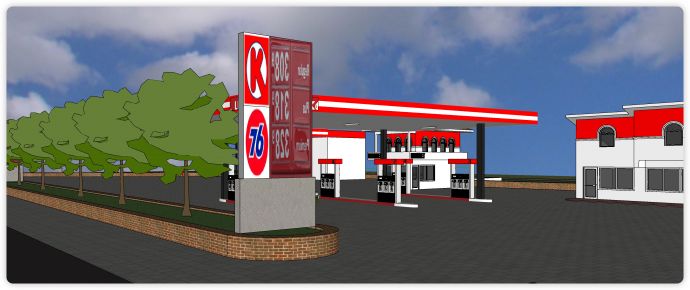 红色主题带小超市加油（气）站su模型_图1