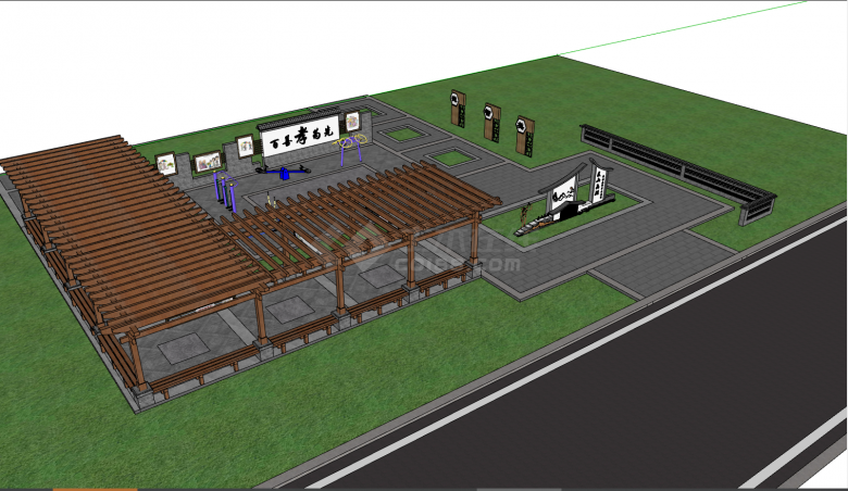 带有木质搭建的凉亭的乡村运动区su模型-图二