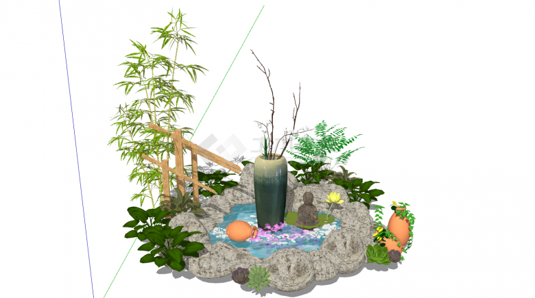 新中式花朵竹子庭院景观小品su模型-图二