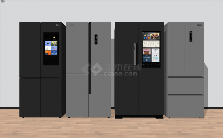 靠墙排列4个双开门冰箱有黑色灰色2中颜色和是否带显示屏功能选择su模型-图一