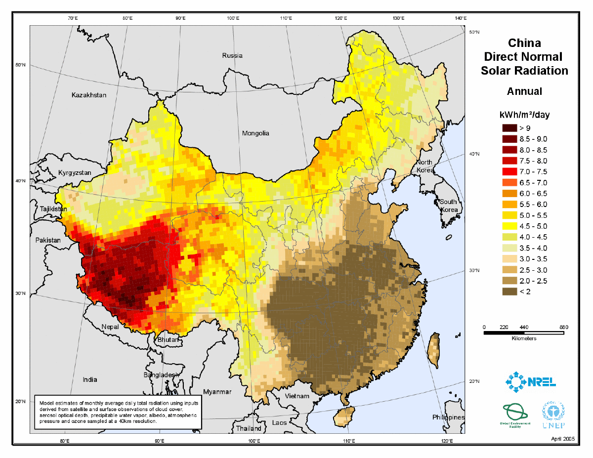 中国年度日照强度分布图分布图-图一