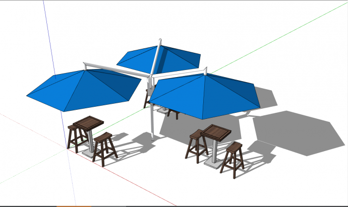 带有蓝色遮阳伞的多个座位的室外桌椅 su模型_图1