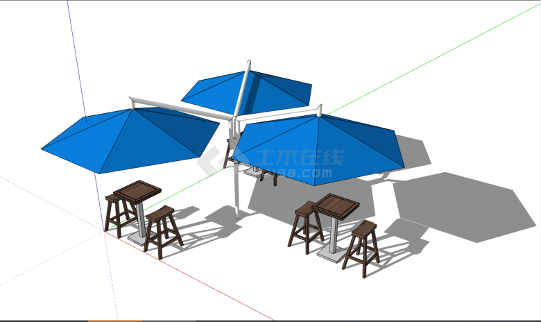 带有蓝色遮阳伞的多个座位的室外桌椅 su模型-图一