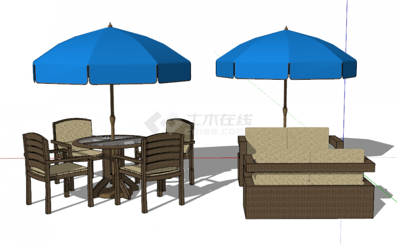 现代棕色带伞室外桌椅组合su模型-图二