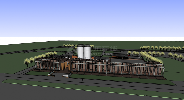 灰色的围墙带两个圆筒状建筑的产业园SU模型-图二