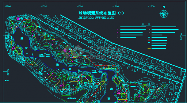 某高尔夫球场地形及喷灌系统CAD图-图二