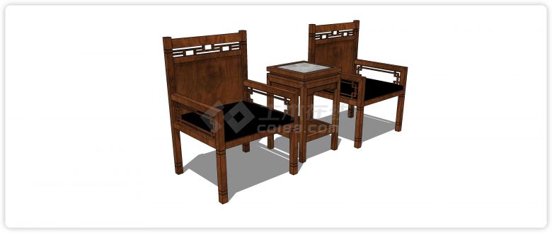 中式长形镂空雕花靠背单椅su模型-图二