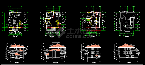 三层别墅建筑cad设计扩出图带结构模型-图一