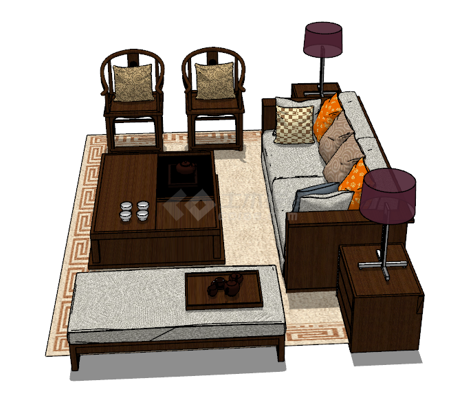 多层小区中式沙发组合su模型-图一