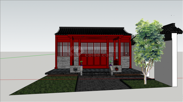 灰砖房顶带红色的门窗的参考庭院su模型-图二