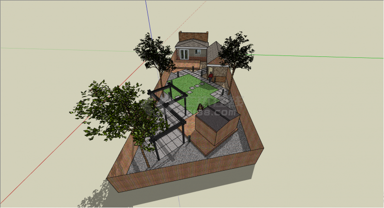 带灰色石板台阶的带草坪的参考庭院su模型-图二