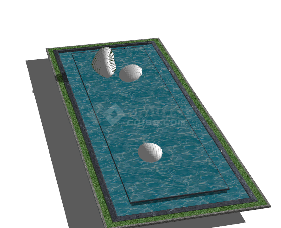 蓝色水池新中式喷泉su模型-图一