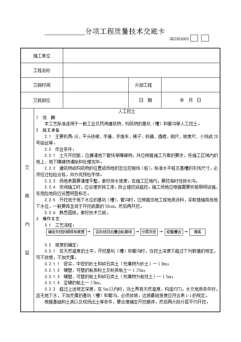 建筑工程人工挖土分项工程质量技术交底卡