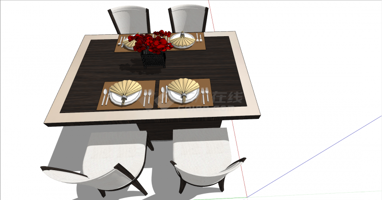 带四个软椅的木制西餐桌su模型-图一