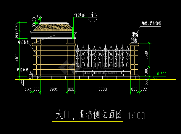大门围墙cad设计平立面详细施工图-图二