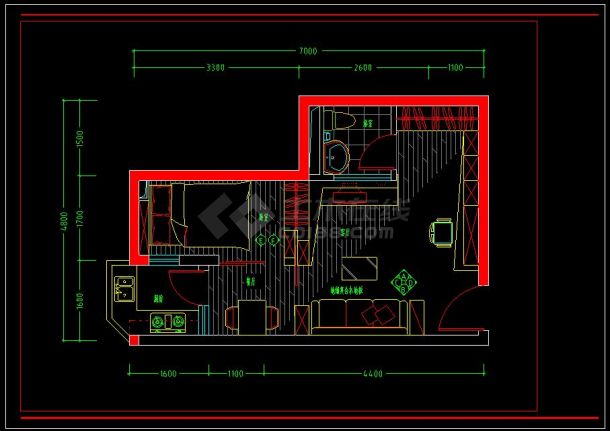 一室一厅住宅户型精装修的cad设计施工图平面图纸-图二