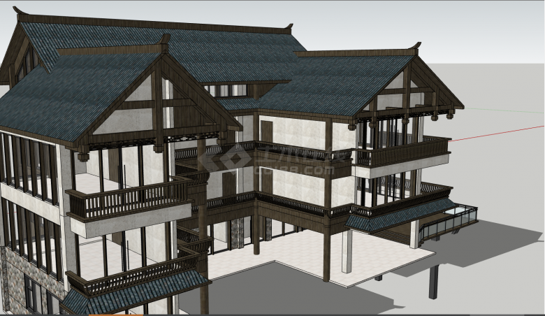 中式的多层的建筑 度假酒店SU建筑模型 -图二