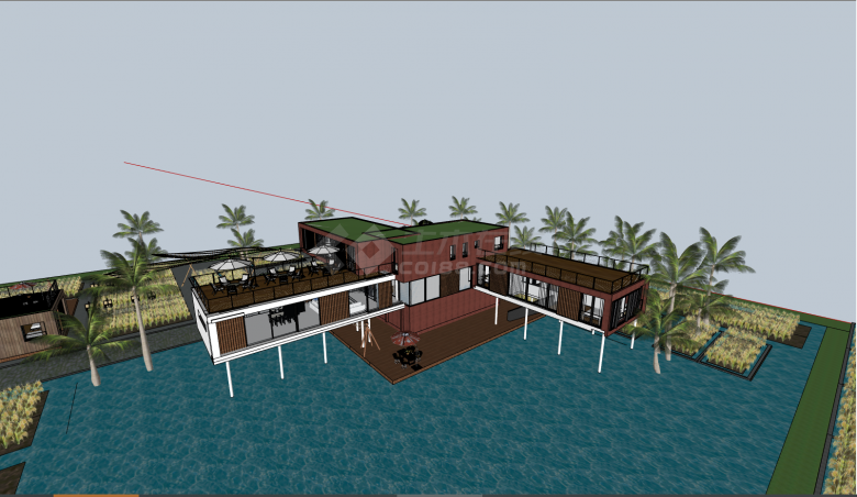 带有大型泳池的茂密新中式民宿建筑su模型-图二