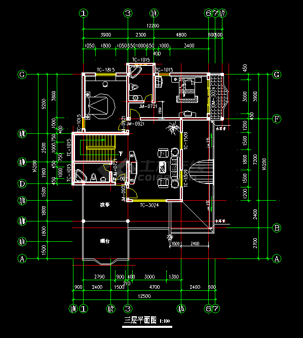 某城市三层别墅扩出图带结构CAD模型-图二