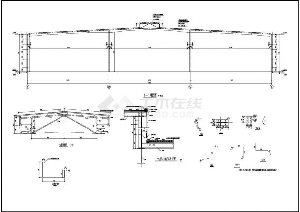 某地双坡3跨轻型门式钢架厂房方案图（带气楼）-图二