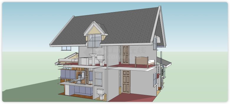 双坡屋顶灰色瓦顶别墅su模型-图二