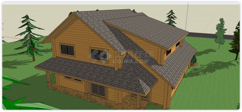 黄色木板结构双坡顶别墅su模型-图二