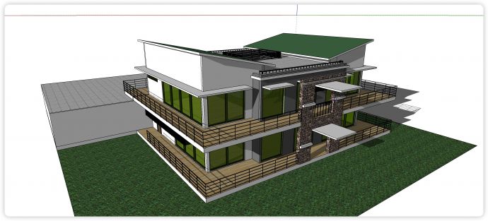 两层绿色玻璃双飞屋顶别墅su模型_图1