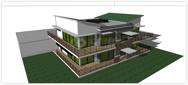 两层绿色玻璃双飞屋顶别墅su模型-图一