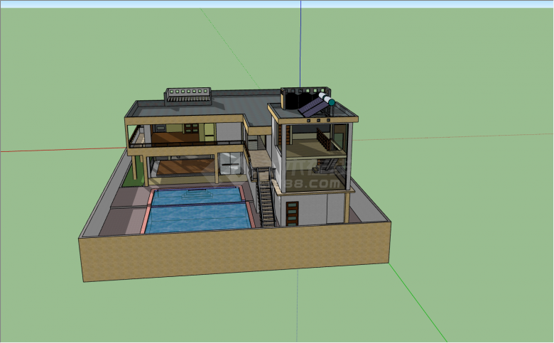 拥有顶面大露台+户外游泳池的别墅su模型-图二
