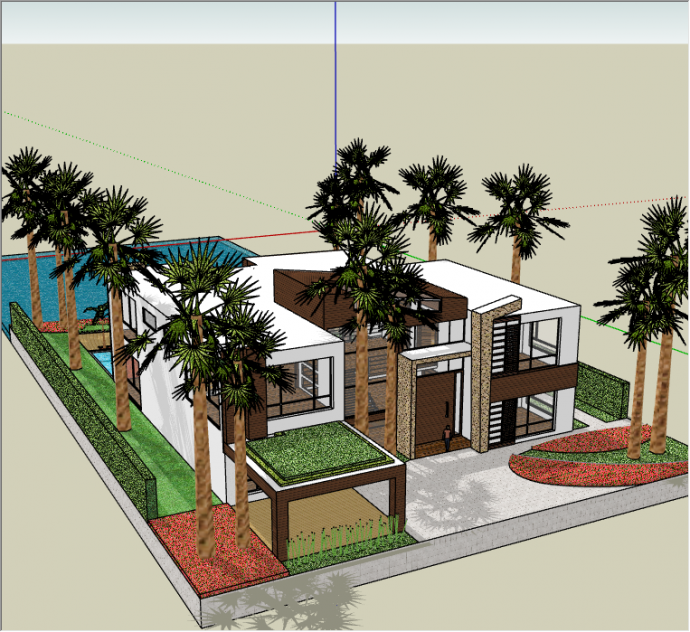 绿树环绕的带游泳池的 一个现代风格的小别墅su模型_图1