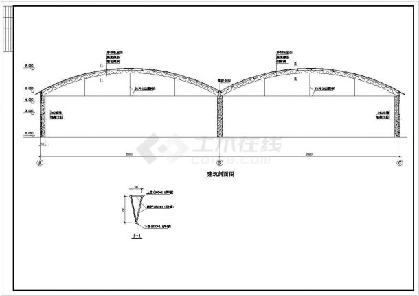 某24米钢管桁架排架结构大棚建筑结构施工图-图一