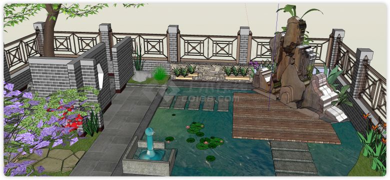 圆形石桌荷花池别墅后庭院设计su模型-图二