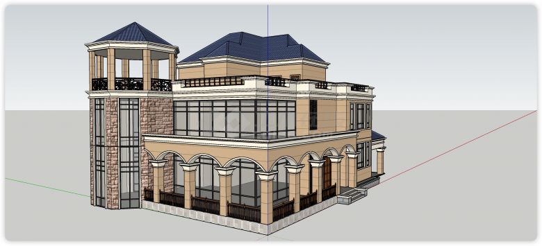 民国风蓝色瓦顶黄色主体别墅su模型-图二