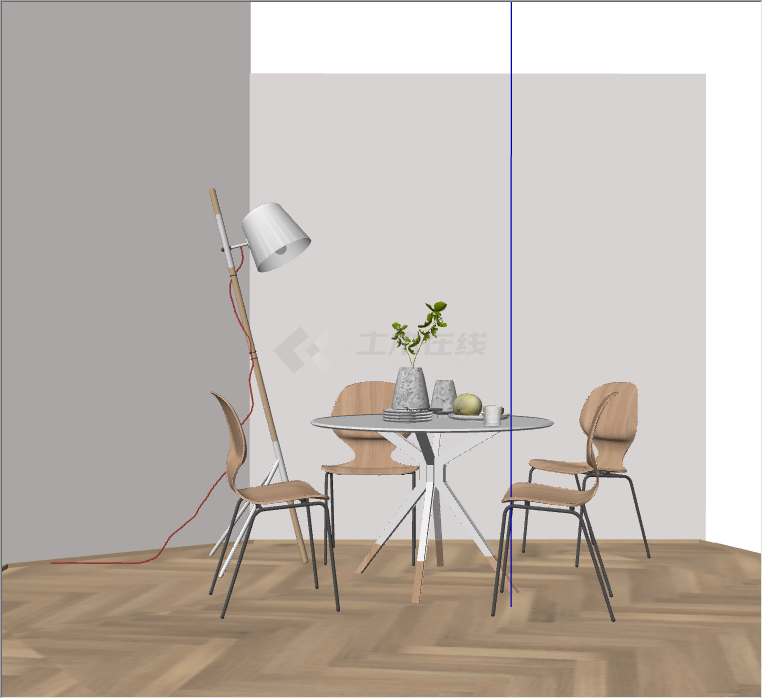 桌上摆放着花盆的旁边带立式台灯的现代餐厅家具su模型-图一