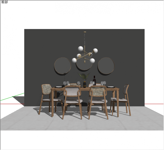 带木制桌椅的墙上带三个圆形装饰的现代餐厅家具su模型_图1