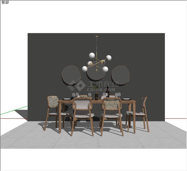 带木制桌椅的墙上带三个圆形装饰的现代餐厅家具su模型-图一