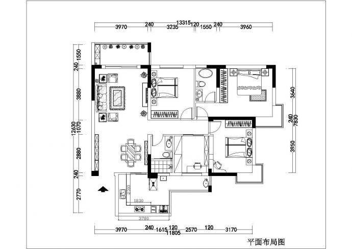 运河佳苑三室两厅装修设计施工图纸_图1