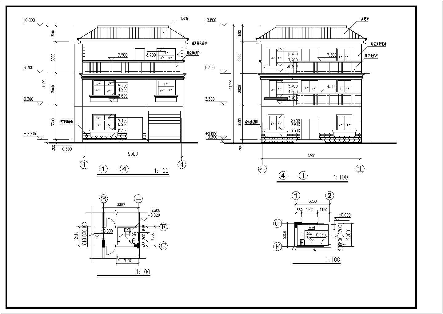 【广东】三层半框架半砖混结构农村别墅方案设计图（含结构图）
