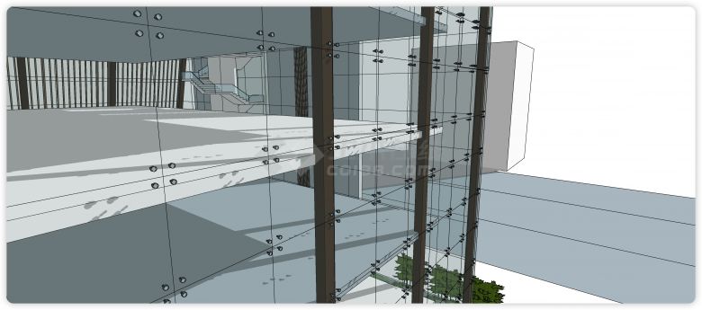 方形钢管金属扣固定玻璃幕墙su模型-图二