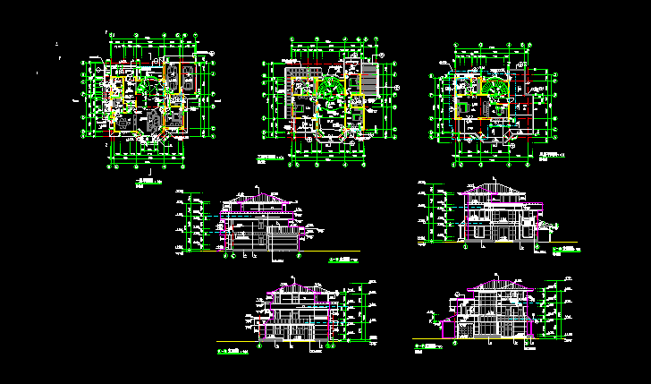 别墅样板设计施工CAD建筑平立剖图
